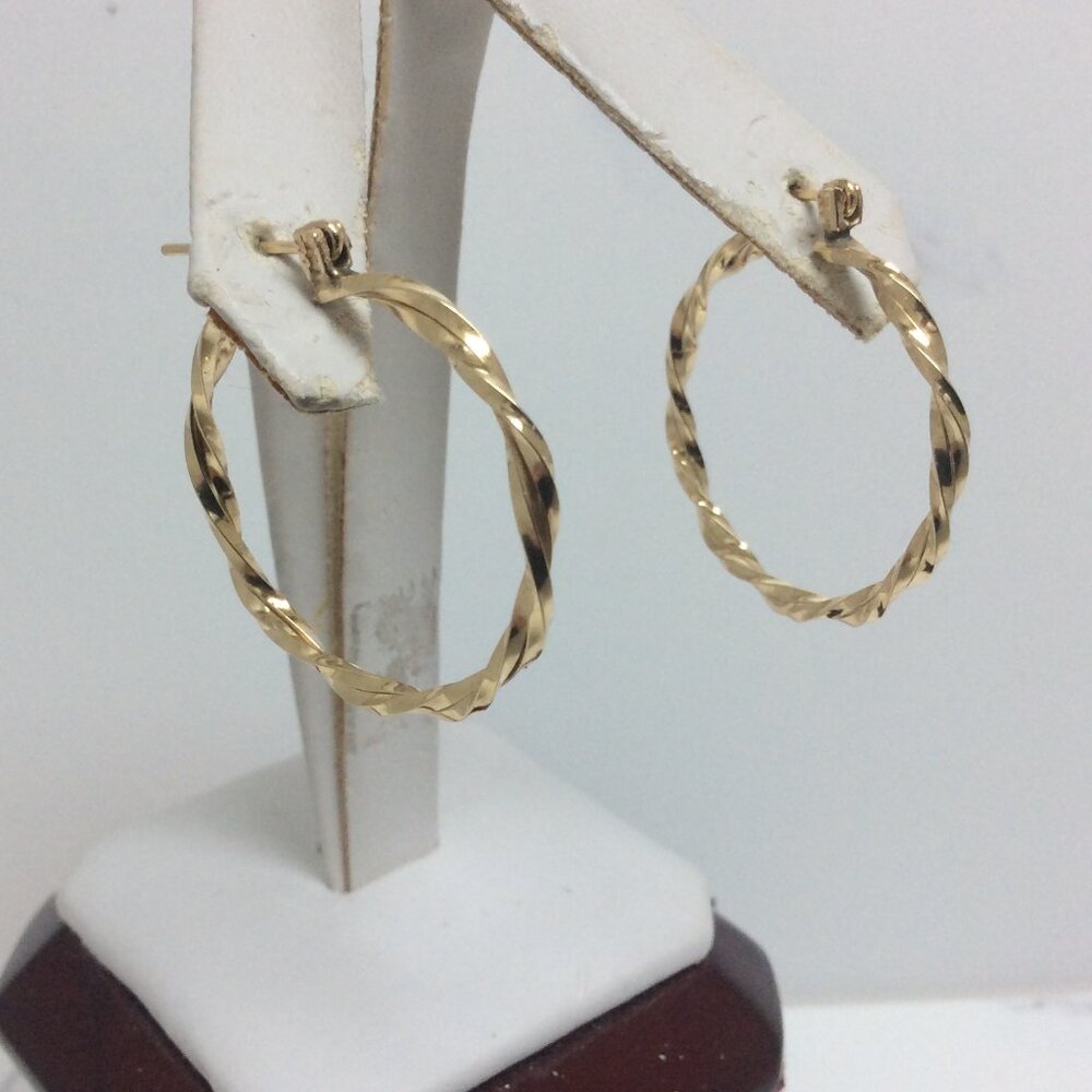 14K YELLOW Real GOLD POLISHED PLAIN TWISTED HOOP EARRINGS 1''   2.00 GRAMS